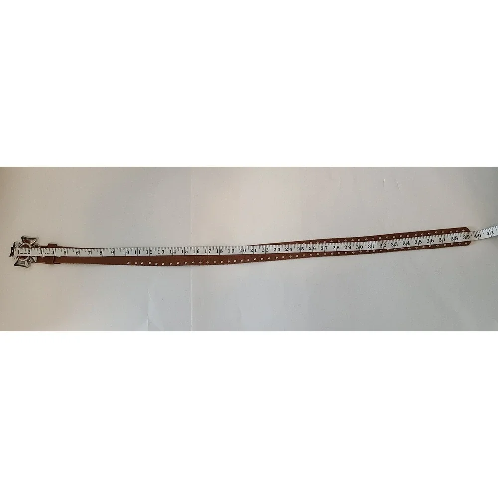 LEATHER BELT Brown, Studded & Carnelian Like Maltese Cross Buckle Fits 30